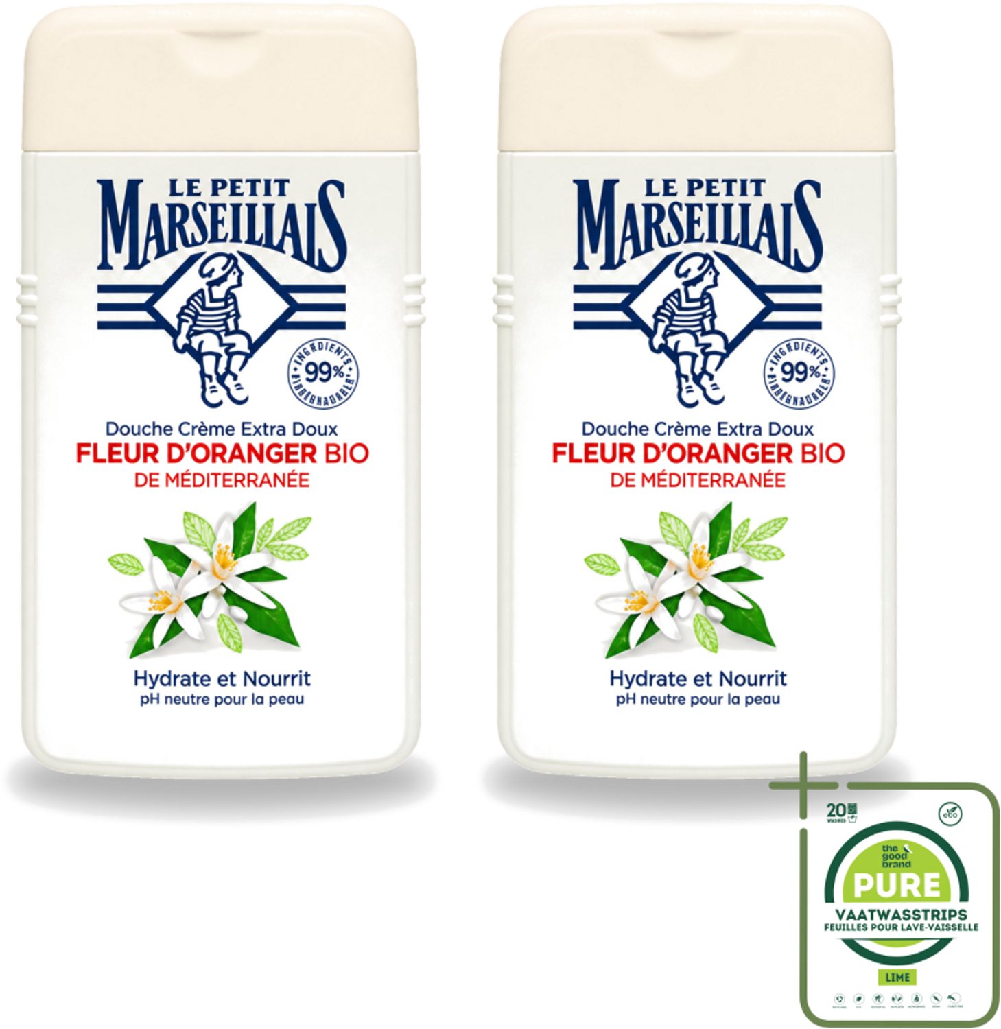 2 x Le Petit Marseillais - Douchecrème - Oranjebloesem - Hydraterend - 250ml - Grootverpakking - Vaatwasstrips - Douchecrème - Hydraterende Douchecrème - Oranjebloesem - Huidverzorging - Milieuvriendelijke Douchecrème