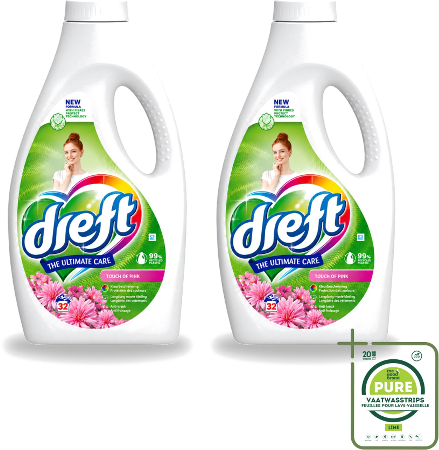 2 x Dreft - Ultimate Care - Vloeibaar Wasmiddel - Gekleurde Was - Een Vleugje Roze - 32 Wasbeurten - Grootverpakking - Vaatwasstrips - Wasmiddel - Wasgoed Reinigen - Kleur Behouden - Frisse Geur - Vezel Beschermen