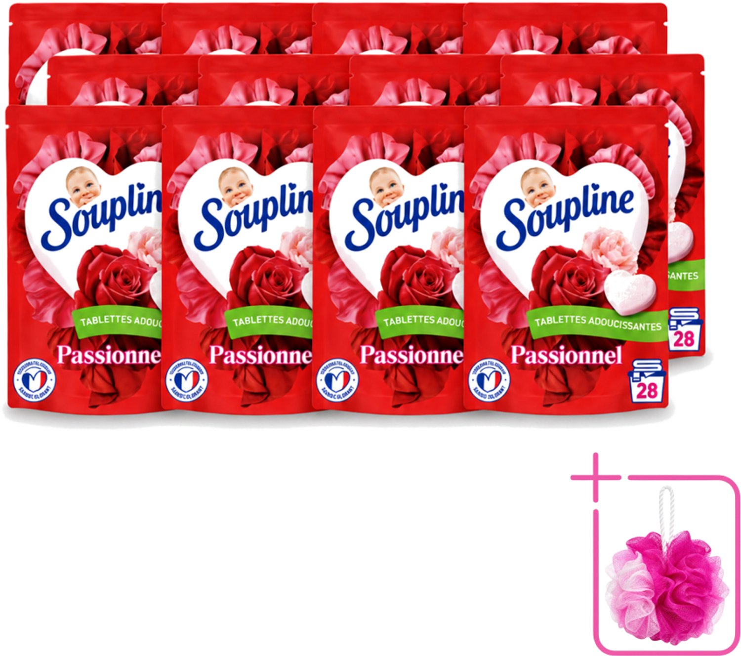 12 x Soupline – Wasverzachtertabletten – Harten Straling van Passiebloemboeket - 28 tabletten - Bulkverpakking - Wasverzachter tablet - Douchemop - Wasverzachter in tabletvorm