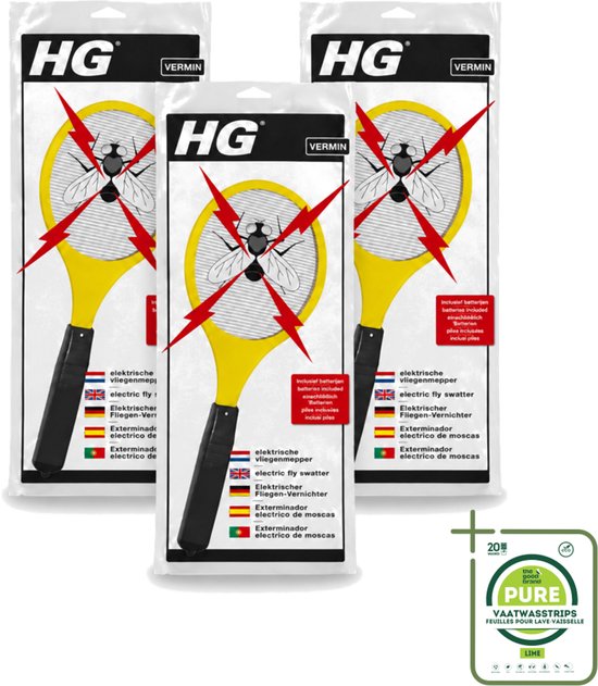 Drie HG elektrische vliegenmeppers in verpakking met The Good Brand vaatwasstrips lime.