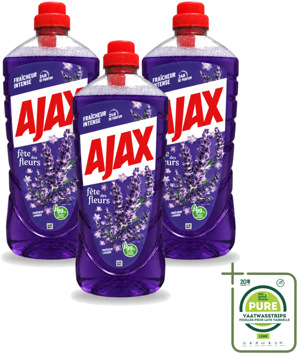 3 x Ajax – Allesreiniger – Lavendel – 1,25 L - Grootverpakking - Vaatwasstrips - Allesreiniger Lavendel - Reiniging - Vet Verwijderen - Frisse Geur - Rustgevende Geur
