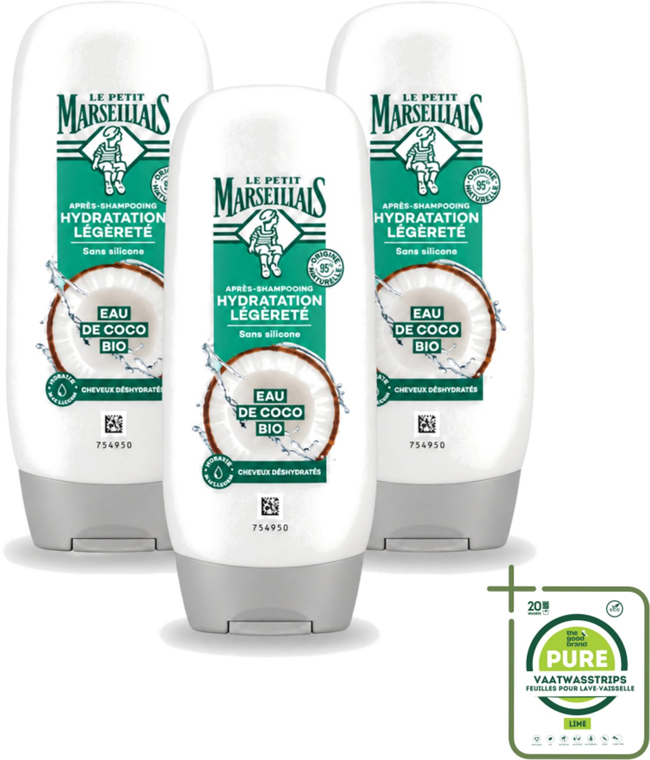 3 x Le Petit Marseillais – Conditioner – Eau de Coco Bio – 250 ml - Grootverpakking - Vaatwasstrips - Conditioner Kokoswater - Hydraatatie Haar - Verzorging Haar - Kokosgeur - Natuurlijke Verzorging