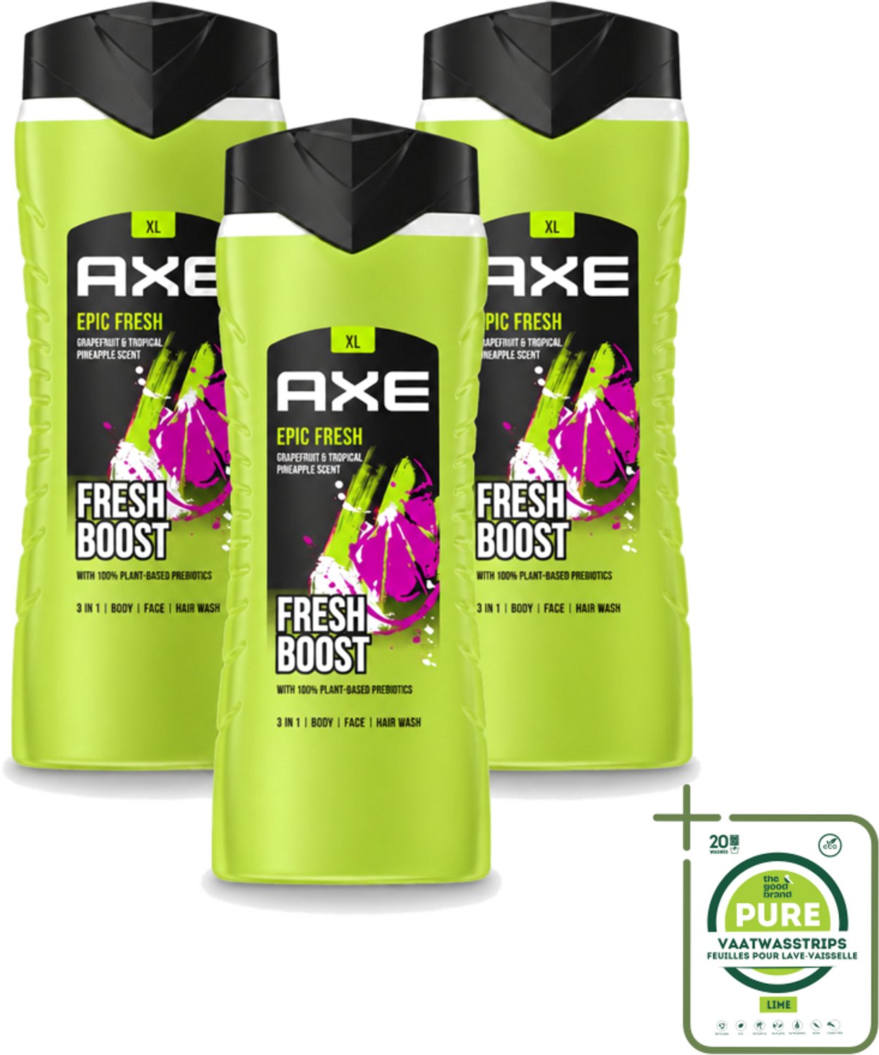 3 x AXE – Douchegel – Epic Fresh Fresh Boost 3-in-1 – 400 ml - Grootverpakking - Vaatwasstrips - Douchegel - Frisheid - Lichaam - Gezicht - Haar