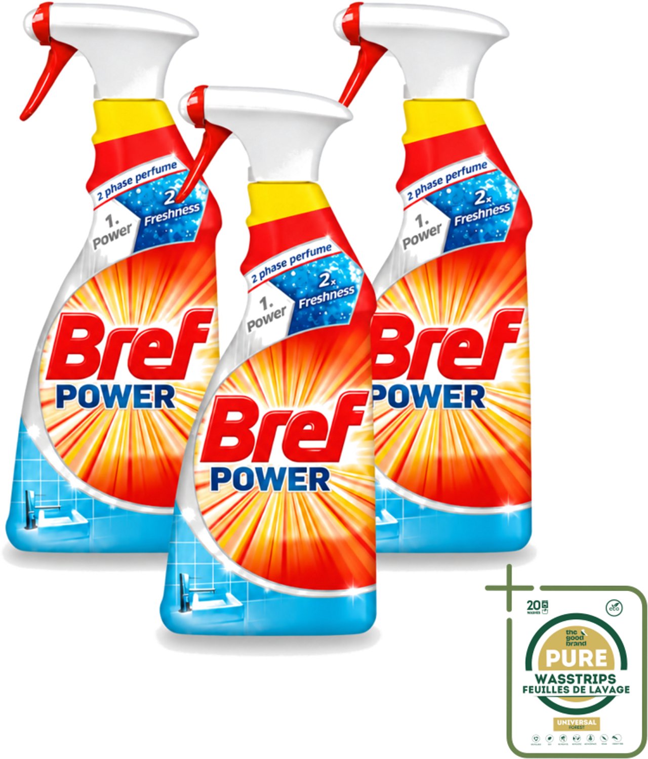 3 x Bref Power - Badkamerreiniger - Spray - Anti-Kalk & Vuil - Fris - 750 ml - Wasstrips - Kalk Verwijderen - Vuil Verwijderen - Badkamer Schoonmaken - Douchecabine Schoonmaken - Gootsteen Schoonmaken