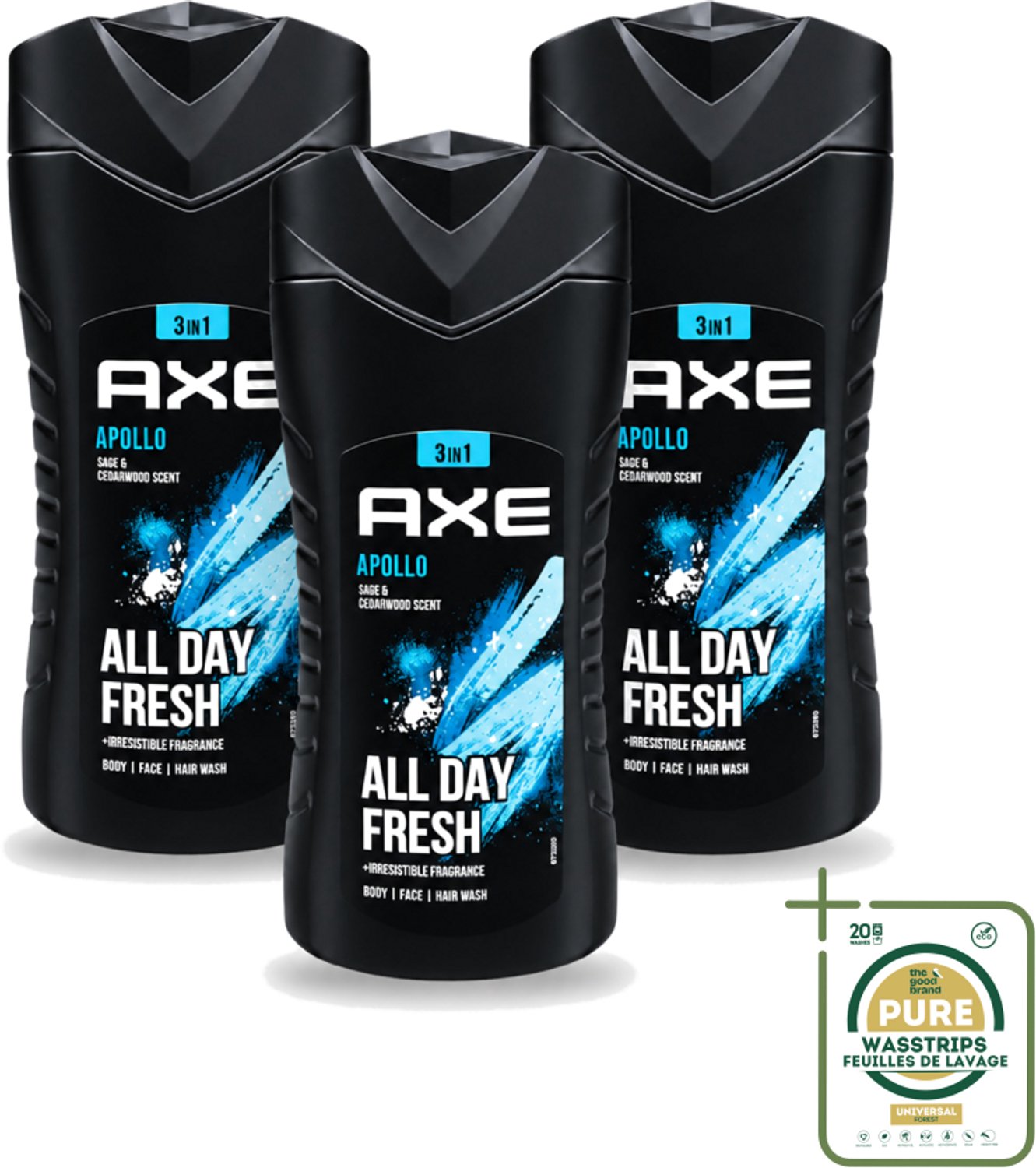 3 x Axe - 3-in-1 Douchegel - Apollo - Sage & Cedarwoord - All Day Fresh - 400 ml - Wasstrips - Douchegel - Lichaam - Gezicht - Haar - Salie