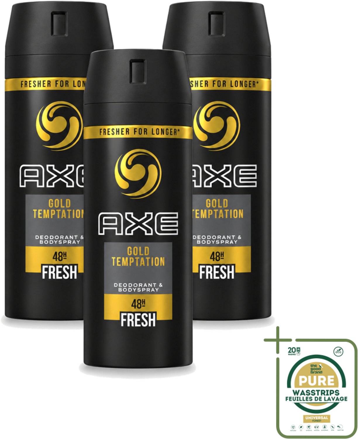 3 x Axe - Deodorant Bodyspray - 48hrs Fresh - Gold Temptation - 150 ml - Wasstrips - 48 Uur Bescherming - Zweetvermindering - Deodorant Spray - Geur - Fris