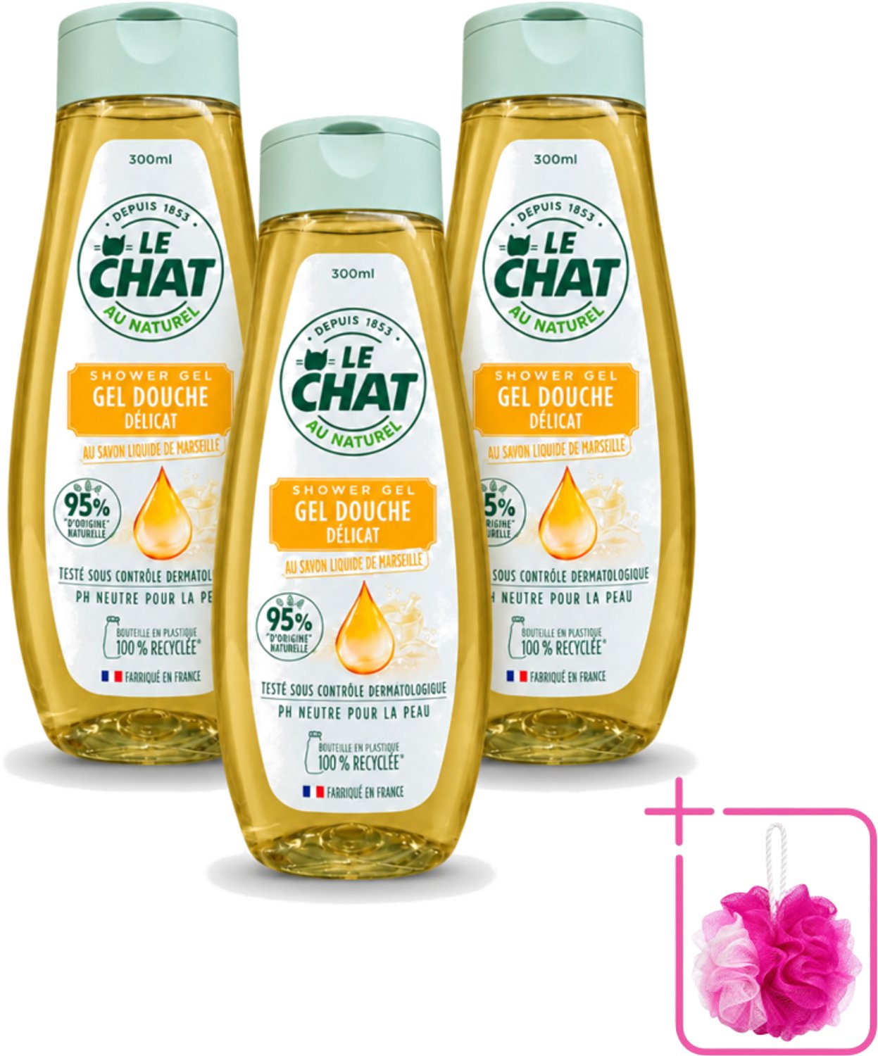 3 x Le Chat – Douchegel – Marseille – 300 ml - Bulkverpakking - Douchegel - Douchemop - Marseille