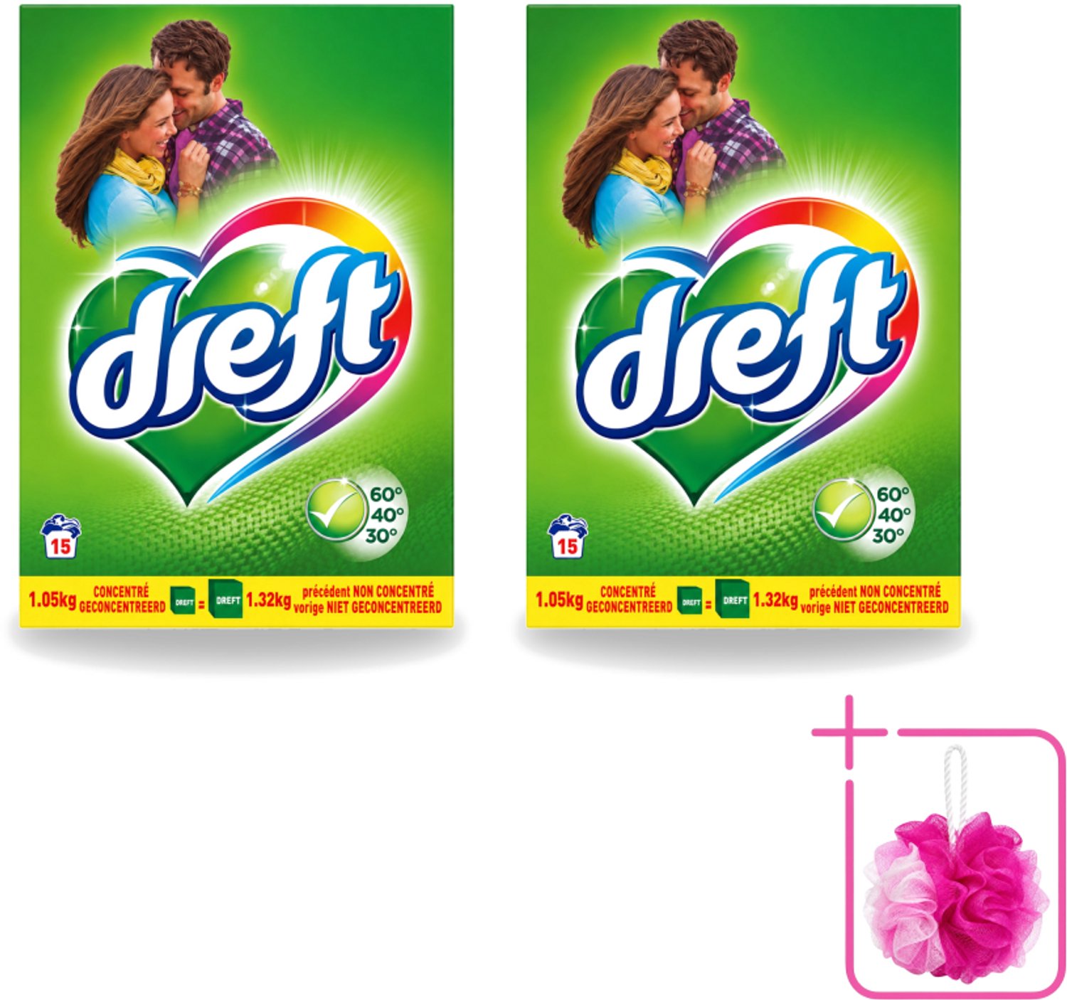 2 x Dreft - Waspoeder - Witte en Gekleurde Was - Original - 15 Wasbeurten - Bulkverpakking - Waspoeder - Douchemop - Kleurbescherming