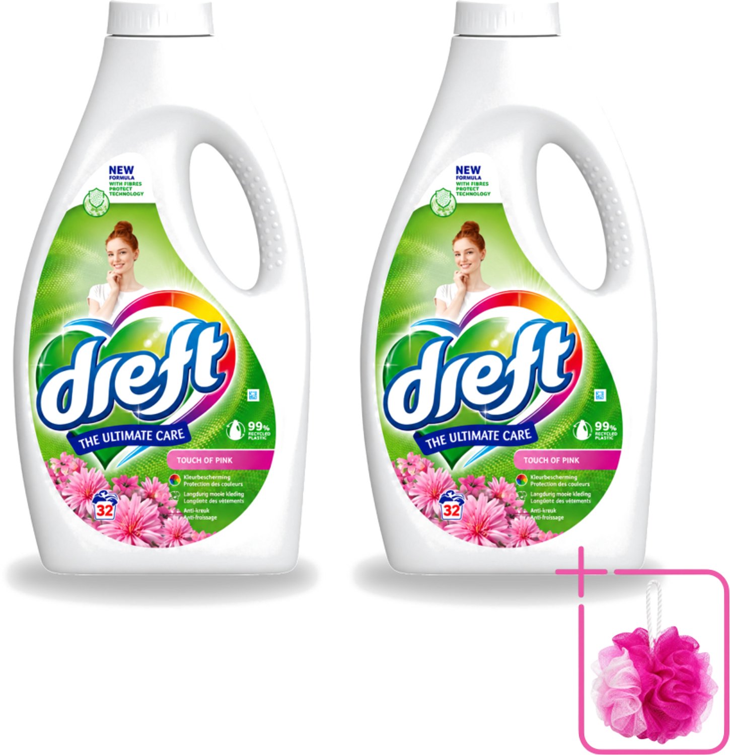 2 x Dreft - Ultimate Care - Vloeibaar Wasmiddel - Gekleurde Was - Een Vleugje Roze - 32 Wasbeurten - Bulkverpakking - Wasmiddel - Douchemop - Wasgoed reinigen