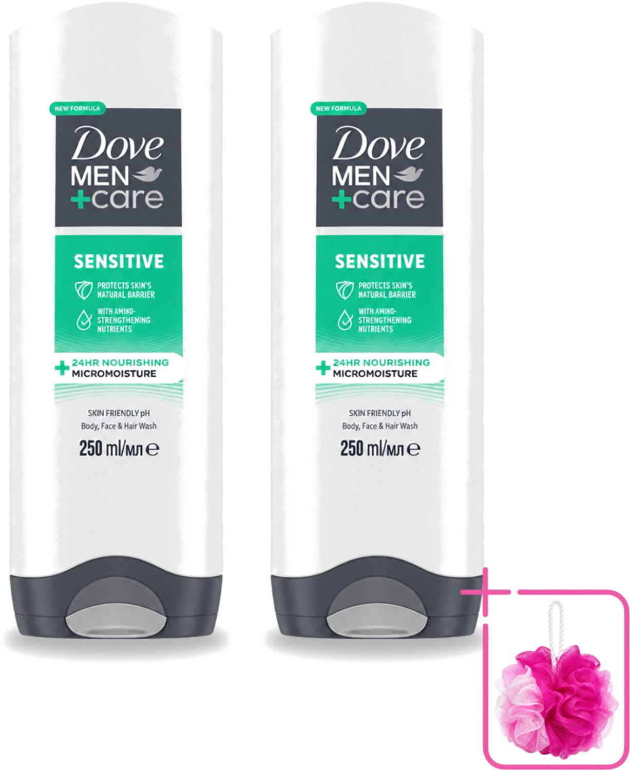 2 x Dove Men+Care - Sensitive - Douchegel 3-in-1 - Verzorgend - 250 ml - Bulkverpakking - Gevoelige huid - Douchemop - Lichaamsgel