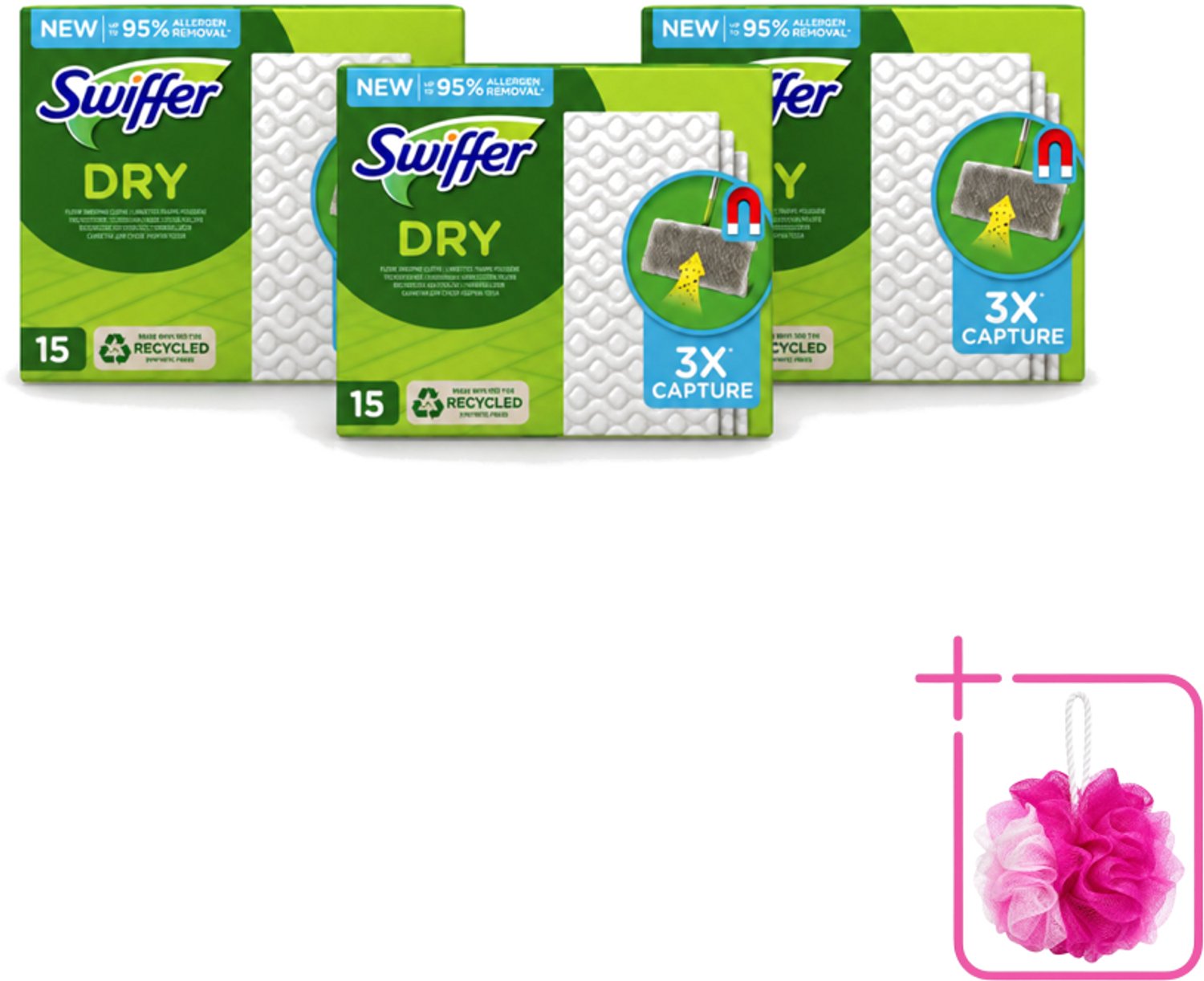 3 x Swiffer Dry - Vloerdoekjes - Navulling - Gerecyclede Fibers - 15 Doekjes - Bulkverpakking - Stofwisdoekjes - Douchemop - Stof opnemen