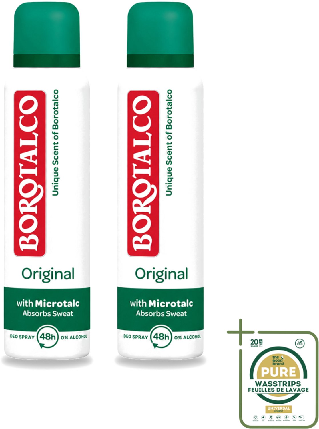 2 x Borotalco - Deodorant Spray - Original - Active Crystal Talc - 0% Alcohol - 150 ml - Wasstrips - Deodorant Spray - Zweetgeur - Droge Huid - Microtalk - Transpiratie