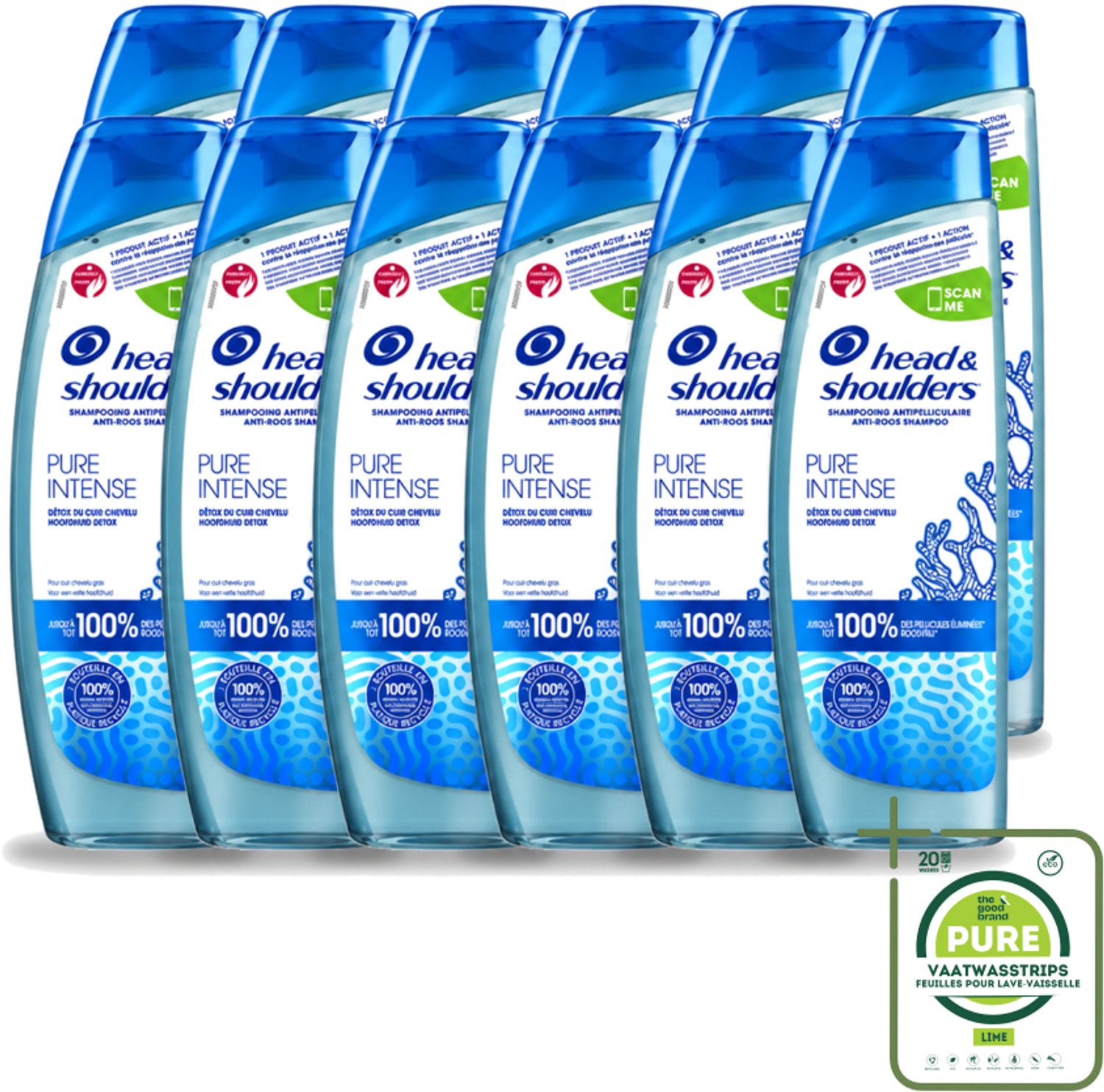 12 x Head & Shoulders - Anti-Roos Shampoo - Pure Intense - Hoofdhuid Detox - 250 ml - Grootverpakking - Vaatwasstrips - Hoofdhuid Detox - Roosbestrijding - Hoofdhuid Reinigen - Schone Hoofdhuid - Haar Gezond