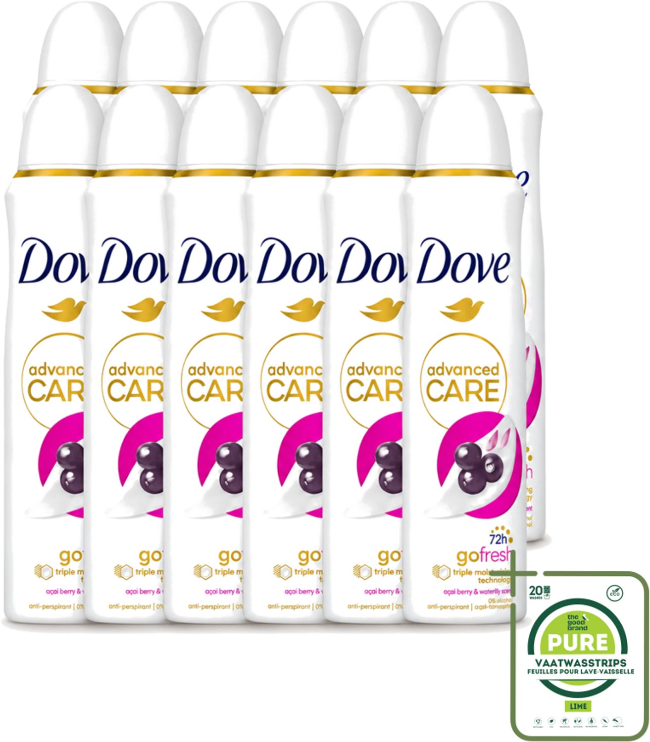 12 x Dove - Deospray - Acai Bes & Waterlelie - 150 ml - Grootverpakking - Vaatwasstrips - Acai Bes & Waterlelie Deospray - Deospray Oksels - Geur Van Acai Bessen - Geur Van Waterlelie - Transpiratie Bescherming