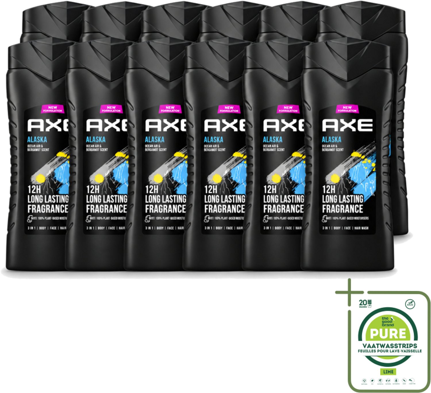 12 x Axe XL - 3-in-1 Douchegel - Alaska - Ocean Air & Bergamot - 12hrs Long Lasting Scent - 400 ml - Grootverpakking - Vaatwasstrips - Douchegel - Oceaanlucht - Bergamot - Frisheid - 3-in-1