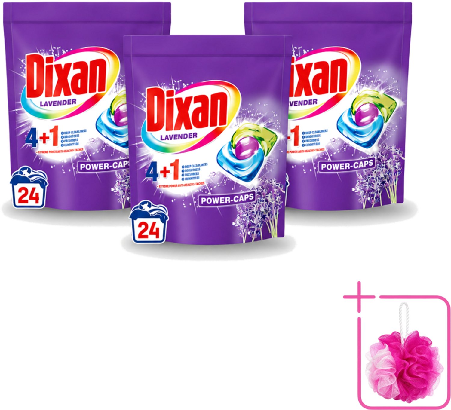 3 x Dixan Power Caps - Wasmiddelcapsules en Vlekverwijderaar - Extreme Power - Gekleurde Was - Lavendel - 24 Wasbeurten - Bulkverpakking - Wasmiddelcapsules - Douchemop - Vlekverwijderaar