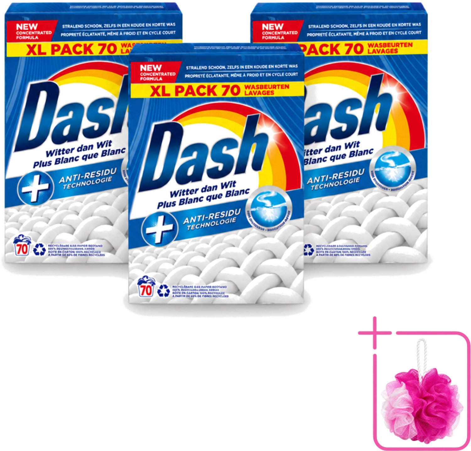 3 x Dash - Witter dan Wit - Snel Oplossend Waspoeder - Witte Was - 70 Wasbeurten - Bulkverpakking - Waspoeder - Douchemop - Witte was