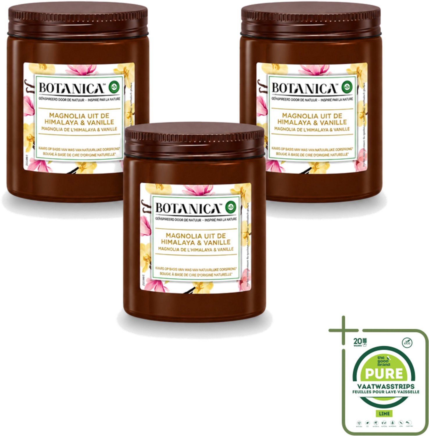 Air Wick 3 x Botanica by Air Wick - Geurkaars - Vanille & Magnolia - 40 Uur Brandduur - Grootverpakking - Vaatwasstrips - Geurkaars - Vanille En Magnolia - Natuurlijke Geur - Luxe Geur - Ontspanning Bruin