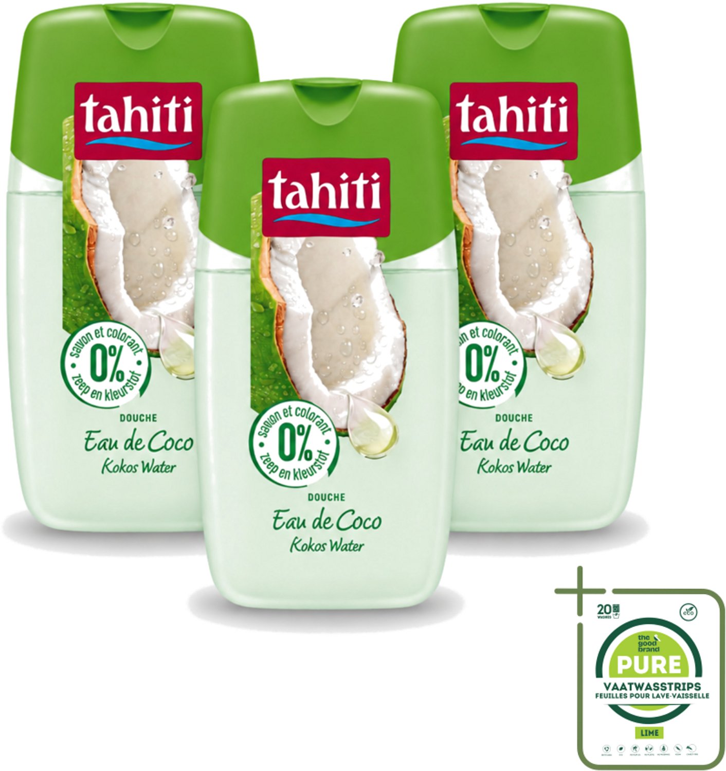 3 x Tahiti - Douchegel - Kokos Water - 0% Kleurstof - 250 ml - Grootverpakking - Vaatwasstrips - Douchegel Kokos Water - Kokos Water Douchegel - Hydraterende Douchegel - Zachte Huid - Huid Verzorging