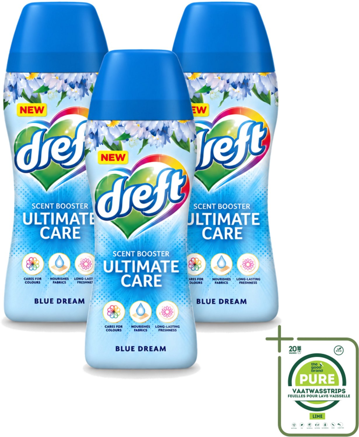 3 x Dreft - Ultimate Care - Wasverzachter - Geurbooster - Gekleurde Was - Blauwe Droom - 15 Wasbeurten - Grootverpakking - Vaatwasstrips - Wasmiddel - Geurbooster - Wasverzachter - Kleurbescherming - Wasgeur