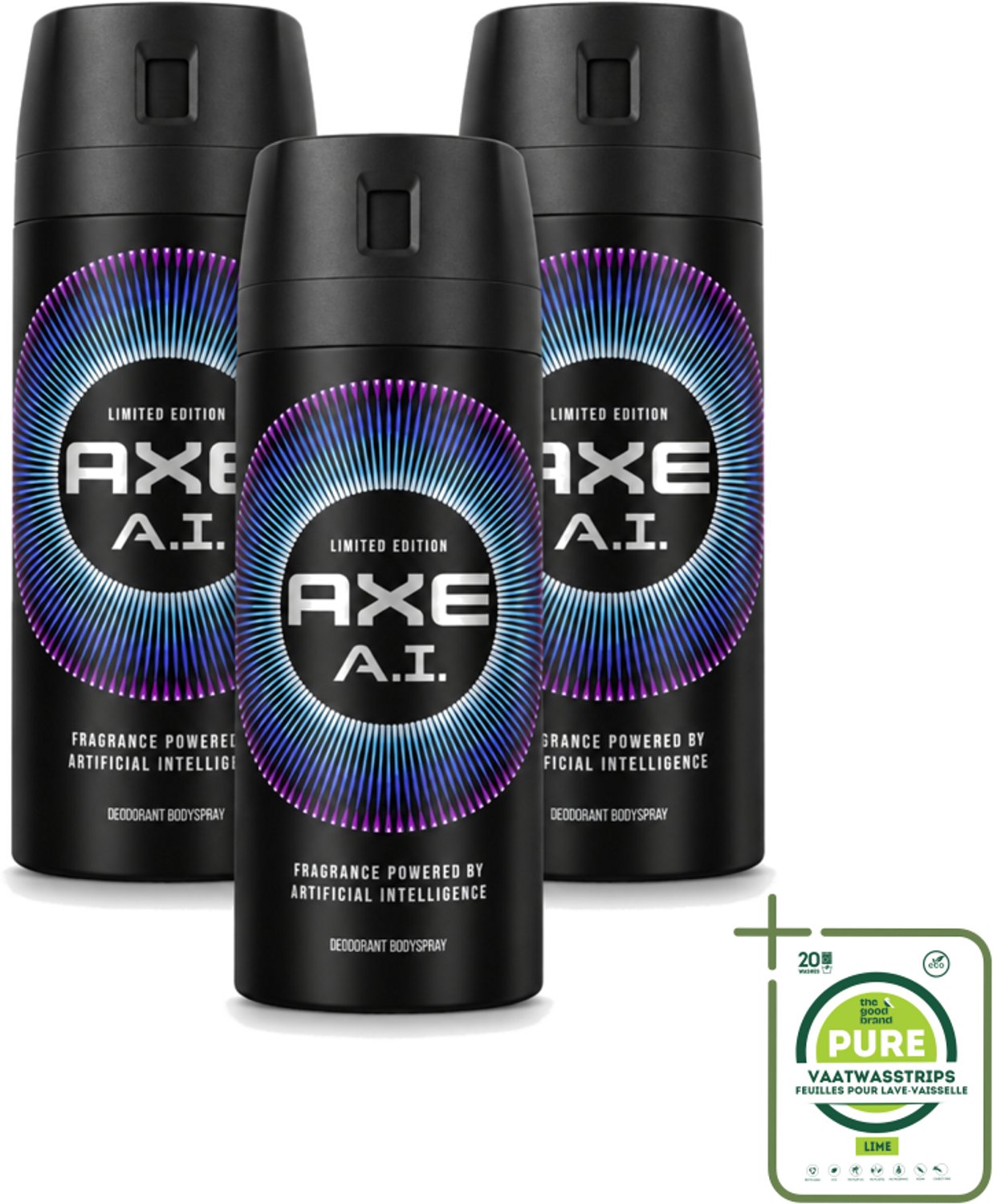 3 x Axe - Limited Edition - Deodorant Bodyspray - A.I. - 150 ml - Grootverpakking - Vaatwasstrips - Axe A.I. Bodyspray - Deodorant Bodyspray - Geur - Geurbestrijding - Bergamot