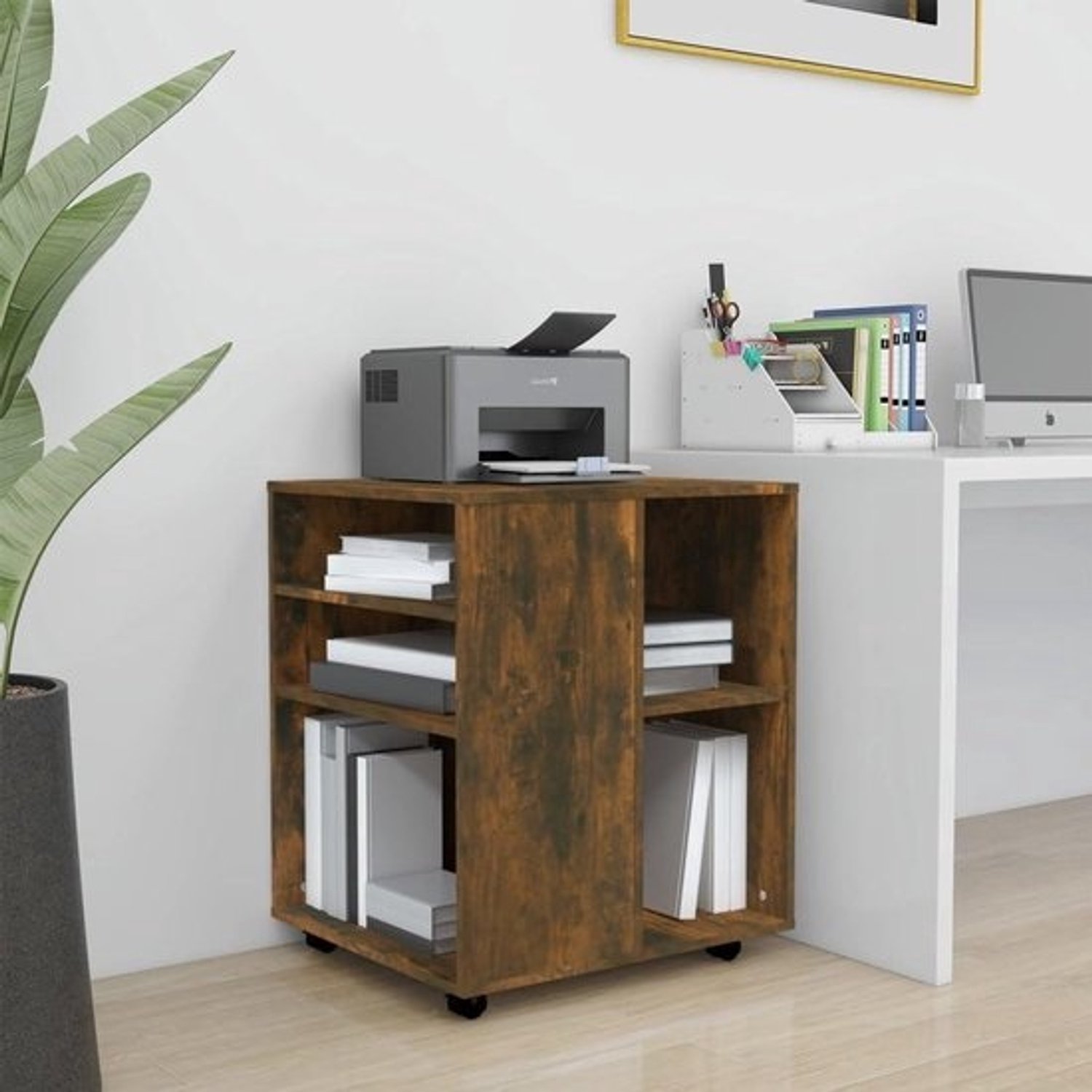 Opbergkast Rolbaar - Archiefkast Mobiel - Bureau Organisatie - Afsluitbare Wielen - 60x53x72 cm - Gerookt eiken