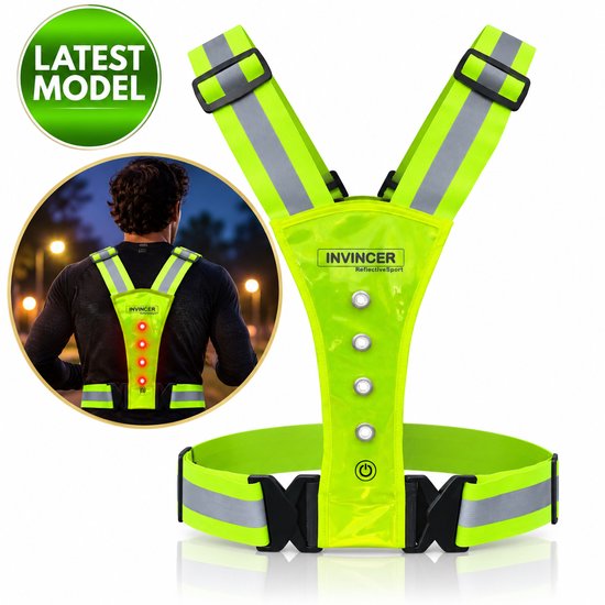 Fluorescerend geel hardloopvest met schouderbanden en heupband, met reflecterende strips en witte LED's.