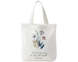 Christelijke stoffen tas met opschrift "THE JOY OF THE LORD is your strength" draagtas dames boodschappentas - ShopVlot