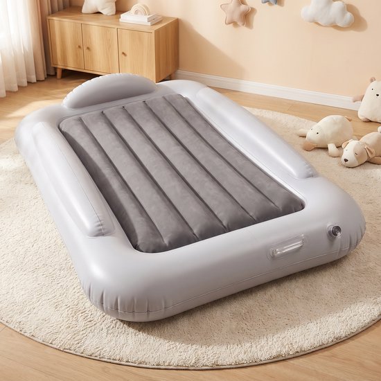 Opblaasbaar kinderreisbed - Verhoogde randen - Uitneembaar veloursachtig matras - 160 x 100 x 30 cm - Inclusief elektrische luchtpomp - PVC - Grijs — afbeelding 5