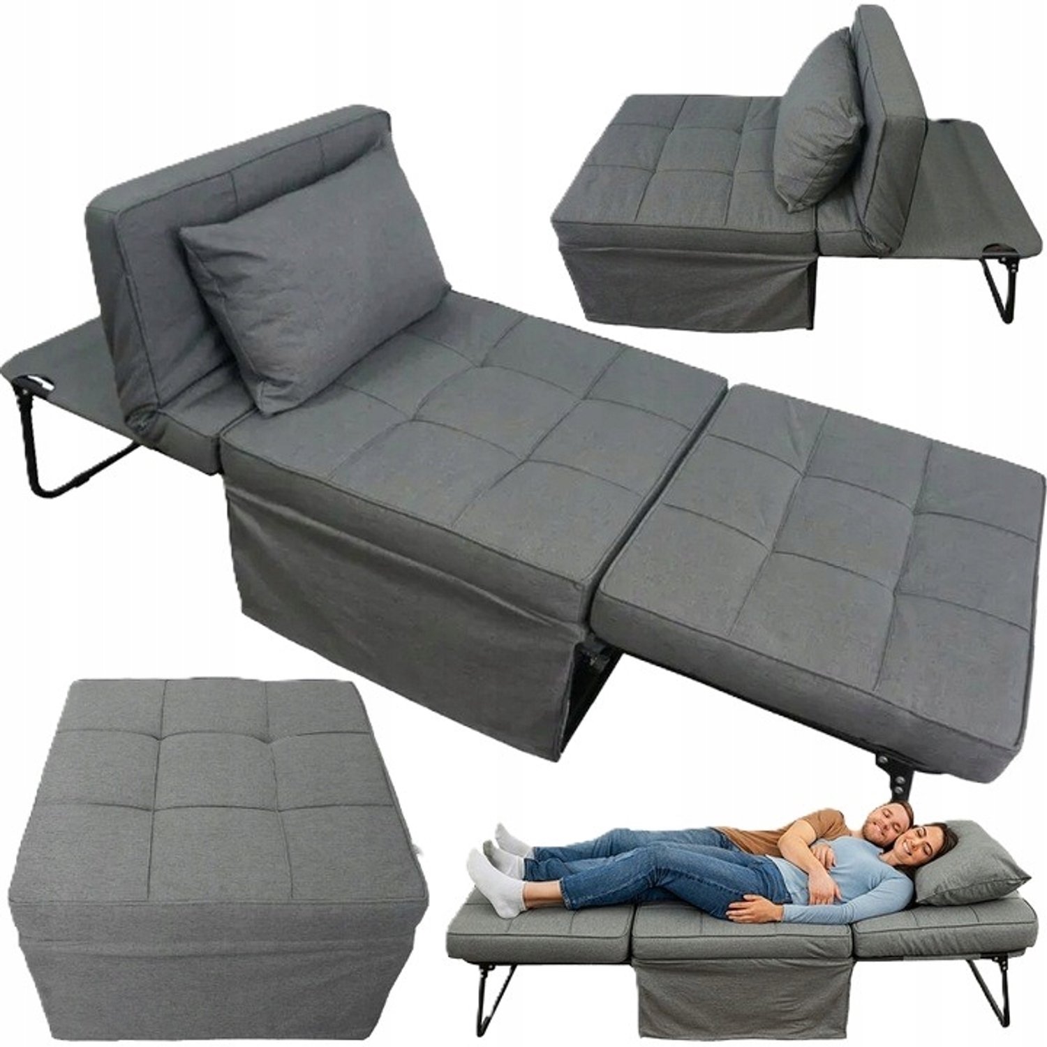 Bass Opklapbare Poef 2-in-1: Comfortabele Stoel en Bed Grijs