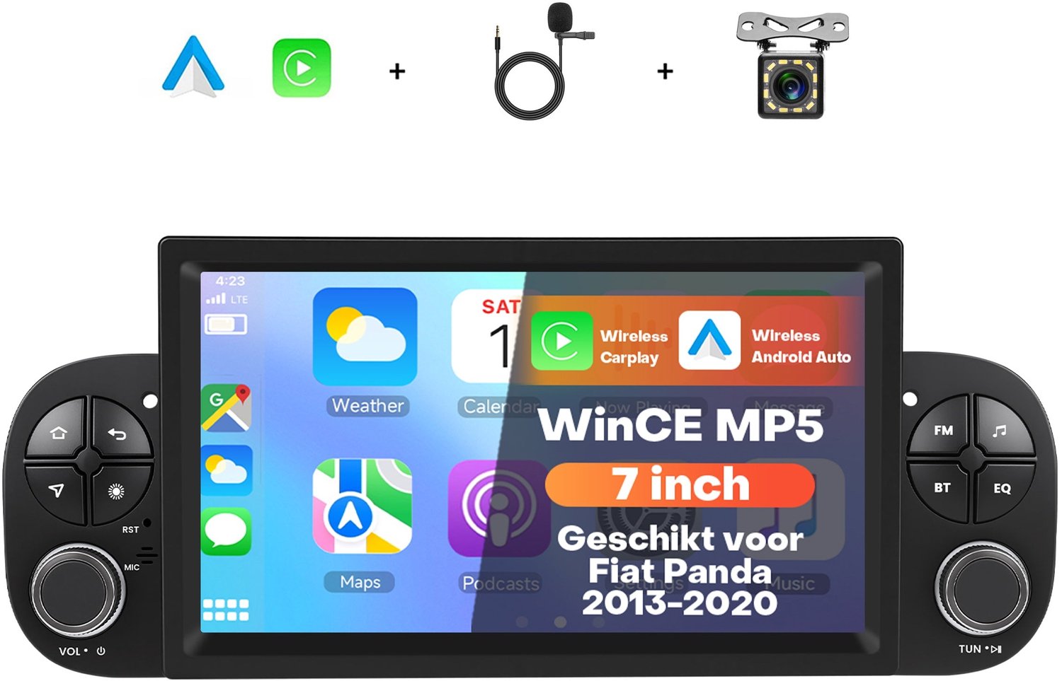 Boscer 1 Din Autoradio met 7 Inch Zwevend Scherm - Geschikt voor Fiat Panda 2013-2020 - Draadloos Apple CarPlay & Android Auto - Bluetooth Handsfree Bellen - FM Radio (RDS) - CAN-bus Meegeleverd - Achteruitrijcamera & Microfoon