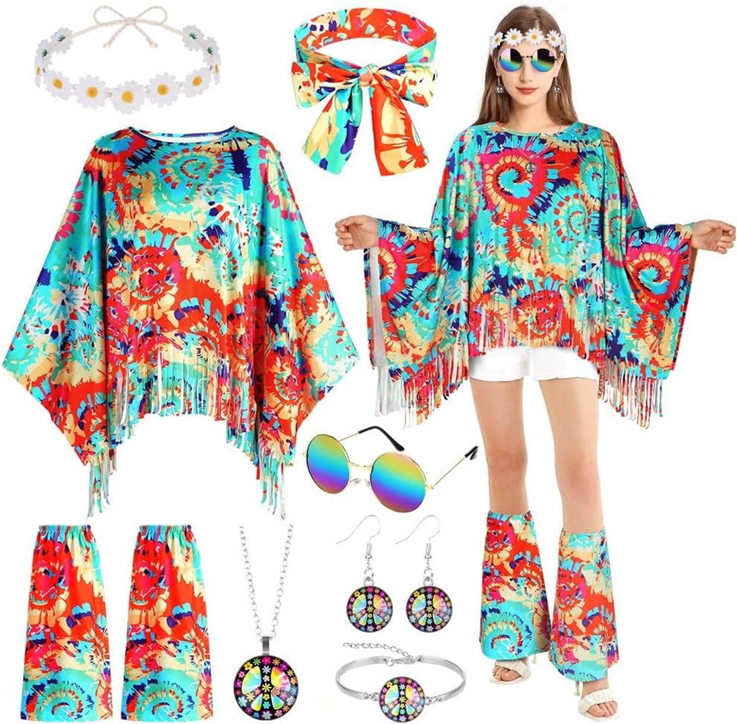 10-delige vintage kostuumset voor vrouwen in 70s stijl, retro outfits voor feesten en thema-avonden