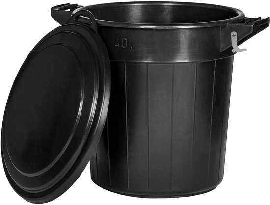 Zwarte 40-liter kunststof voerton met los deksel, voorzien van clipsluitingen aan beide kanten.