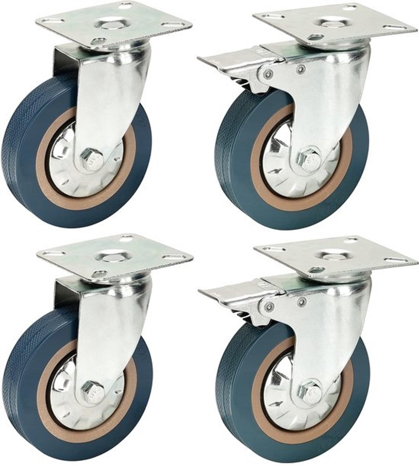 Grijze Rubberen Wielen - Zwenkwielen met Rem - Zwaar Transport - Niet-Markerend Materiaal - 100mm Diameter 300kg - Grijs