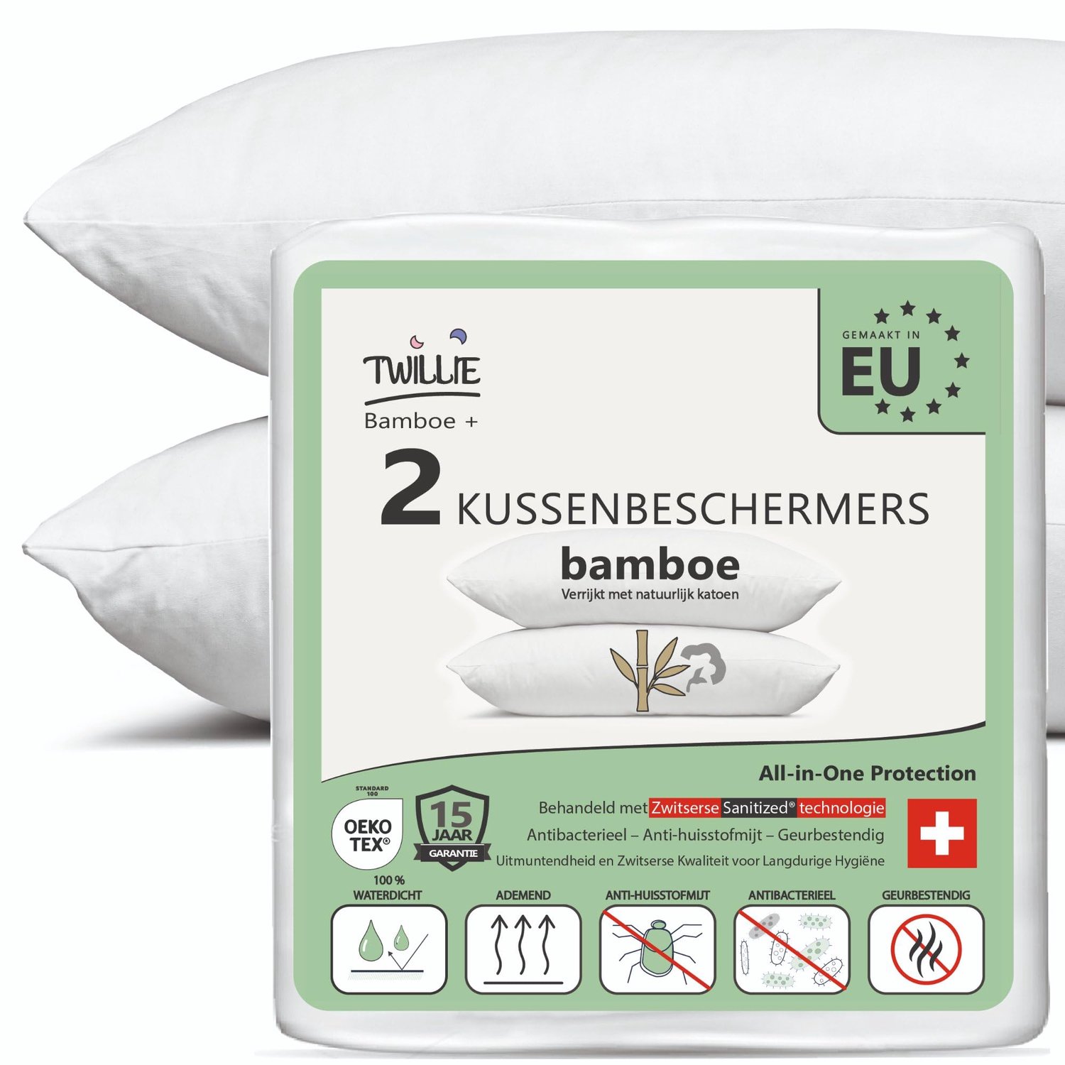 Twillie Kussenbeschermer 30 x 30 (Set van 2) Bamboe – Premium Kwaliteit – Waterdicht, Rits en Anti-Acne – Met Natuurlijk Katoen, Zwitsers Sanitized® A