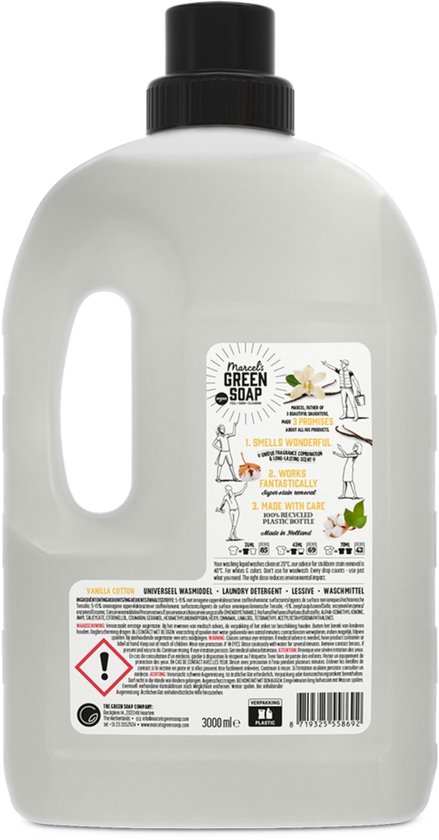 Witte fles met een geel etiket met de tekst "Marcel's Green Soap", vanillebloesems en katoen. 3 liter inhoud.