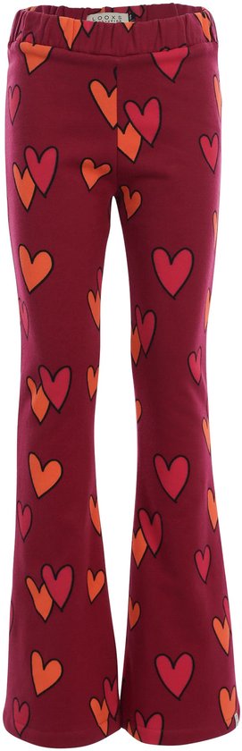 Donkerrode broek met uitlopende pijpen, gedecoreerd met oranje en roze hartjes, inclusief tailleband.