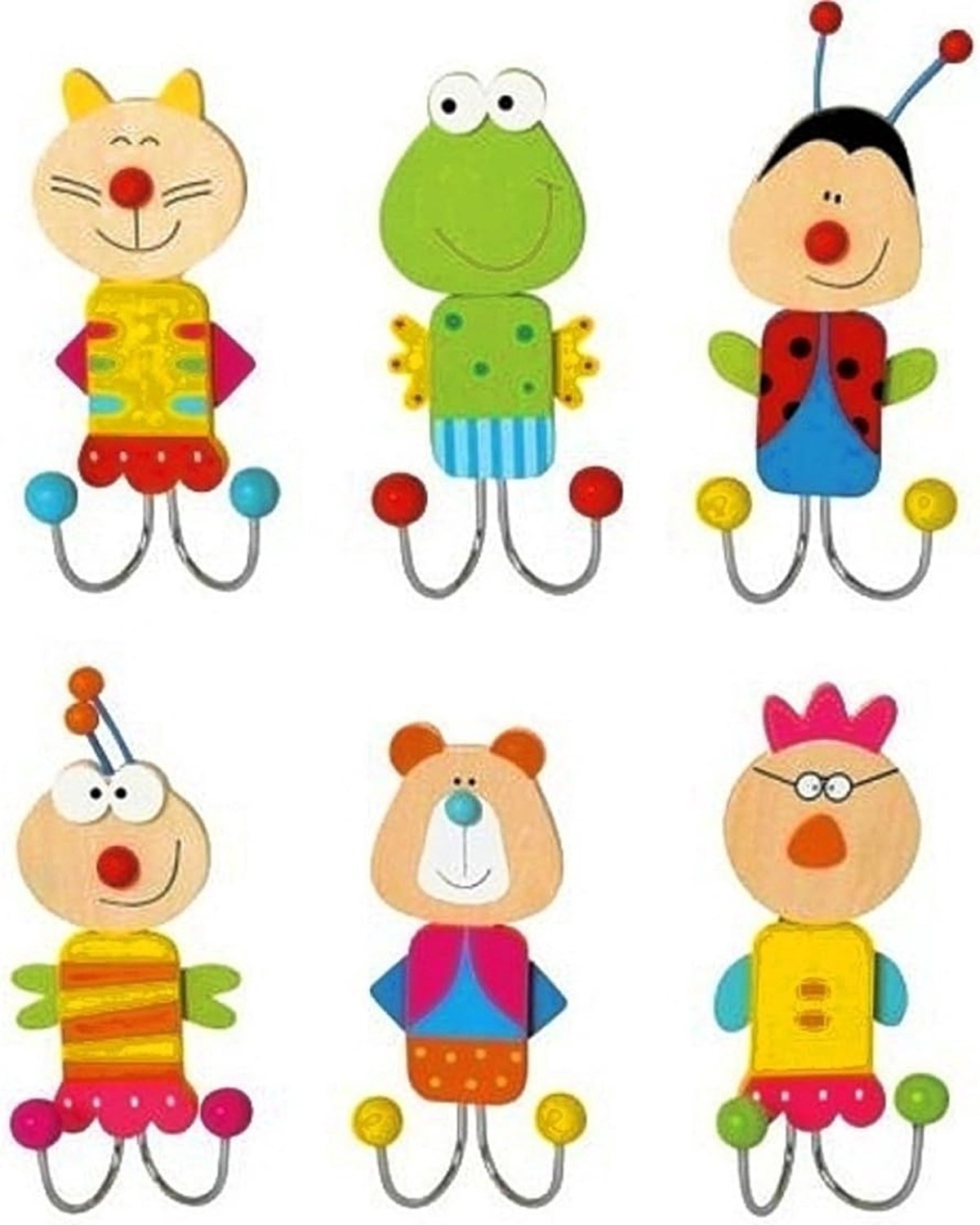 Kledinghaken set van 6 dierenontwerpen - houten haken met metalen bevestiging - decoratie voor de kinderkamer - ShopVlot