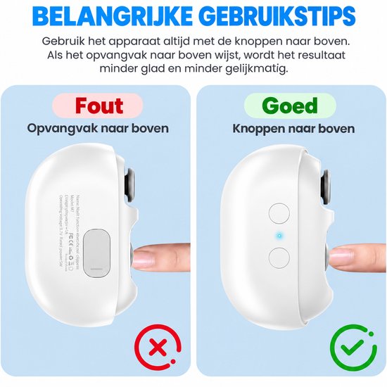 Gebruikstips: houd de knoppen naar boven voor het beste resultaat met de witte elektrische nagelknipper.