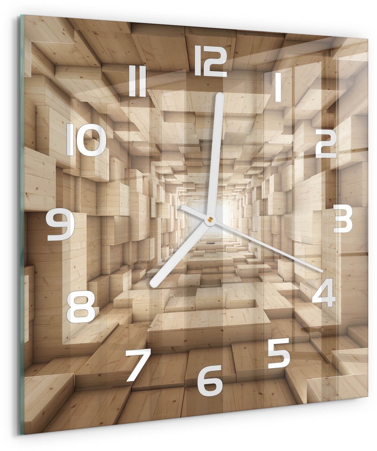 TULUP Wandklok - Houten tunnel Klok Glas Met Opdruk - 30x30 cm - Beige Moderne Wandklok Glas - Witte handen - Vierkante Klok - Decoratieve Glazen Klok - Glazen Wandklok Design