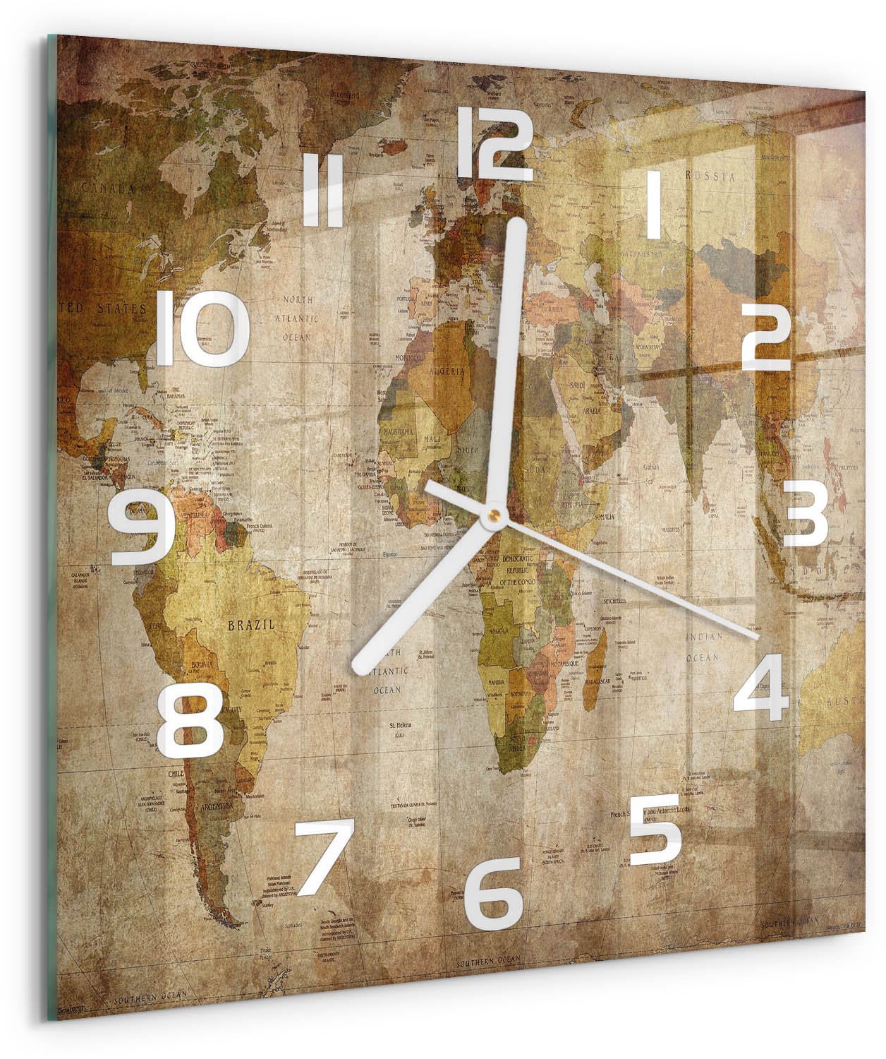 Tulup Wandklok - Politieke kaart Decoratieve Glazen Klok - 30x30 cm - Bruin Glazen Wandklok Design - Witte handen - Vierkante Klok - Glazen Klok Met Print - Wandklok Glas Met Motief