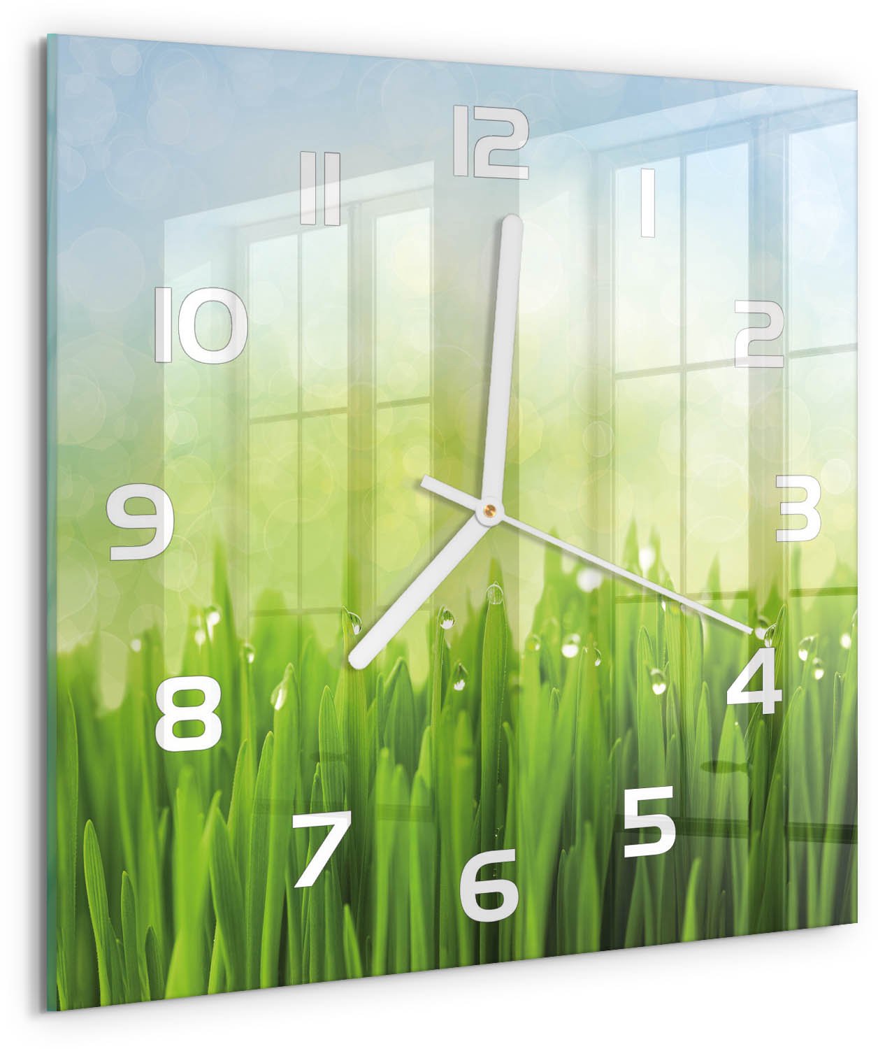 Tulup Wandklok - Gras Moderne Wandklok Glas - 30x30 cm - Groente Wandklok Glas Decoratie - Witte handen - Vierkante Klok - Glazen Wandklok Design - Klok Glas Met Opdruk
