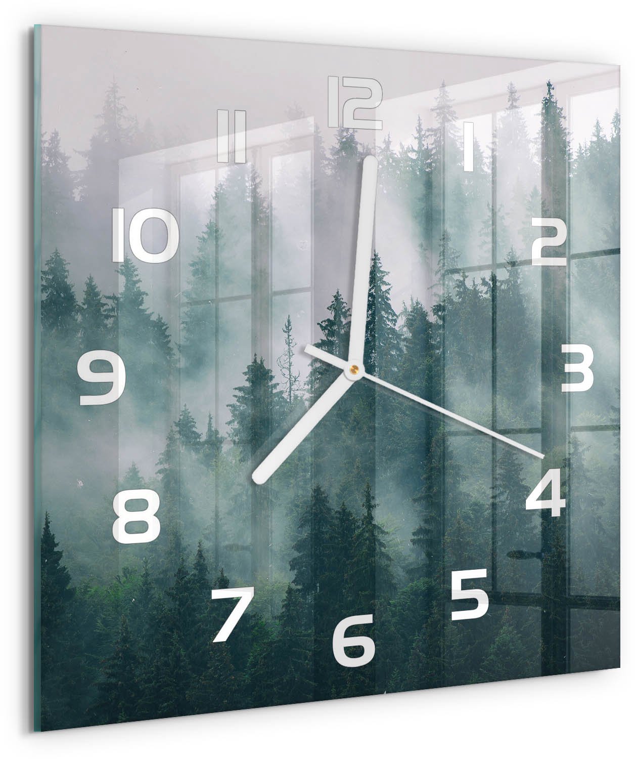 Tulup Wandklok - Mist boven het bos Glazen Wandklok Design - 30x30 cm - Grijs Klok Glas Met Opdruk - Witte handen - Vierkante Klok - Wandklok Glas Met Motief - Decoratieve Glazen Klok