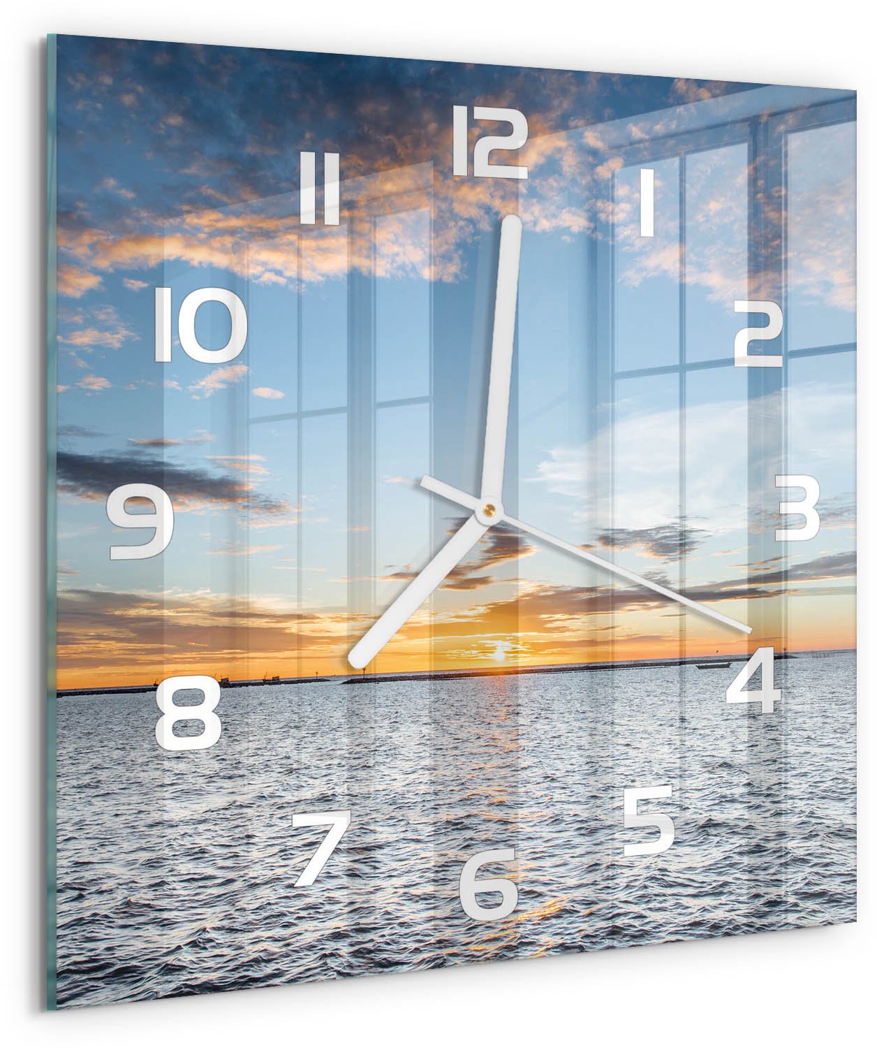 Tulup Wandklok - Schemering aan zee Glazen Wandklok Design - 30x30 cm - Blauw Klok Glas Met Opdruk - Witte handen - Vierkante Klok - Wandklok Glas Met Motief - Decoratieve Glazen Klok
