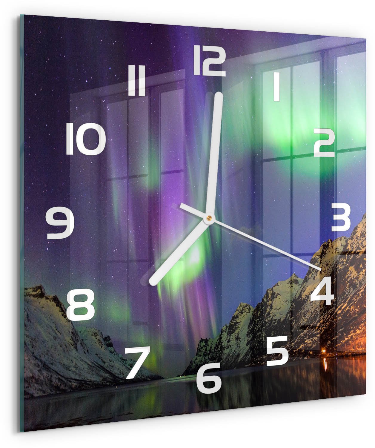 Tulup Wandklok - Noorderlicht Wandklok Glas Met Motief - 30x30 cm - Groente Decoratieve Glazen Klok - Witte handen - Vierkante Klok - Gekleurde Glazen Klok - Glazen Klok Met Print