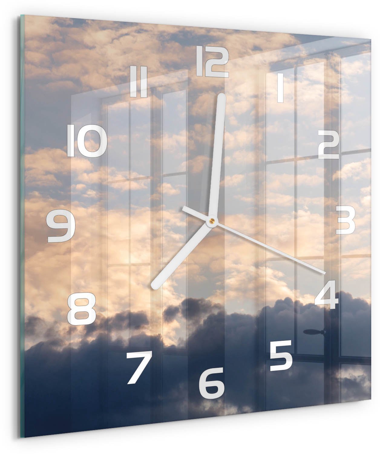 Tulup Wandklok - Wolken aan de hemel Wandklok Glas Met Motief - 30x30 cm - Blauw Decoratieve Glazen Klok - Witte handen - Vierkante Klok - Gekleurde Glazen Klok - Glazen Klok Met Print