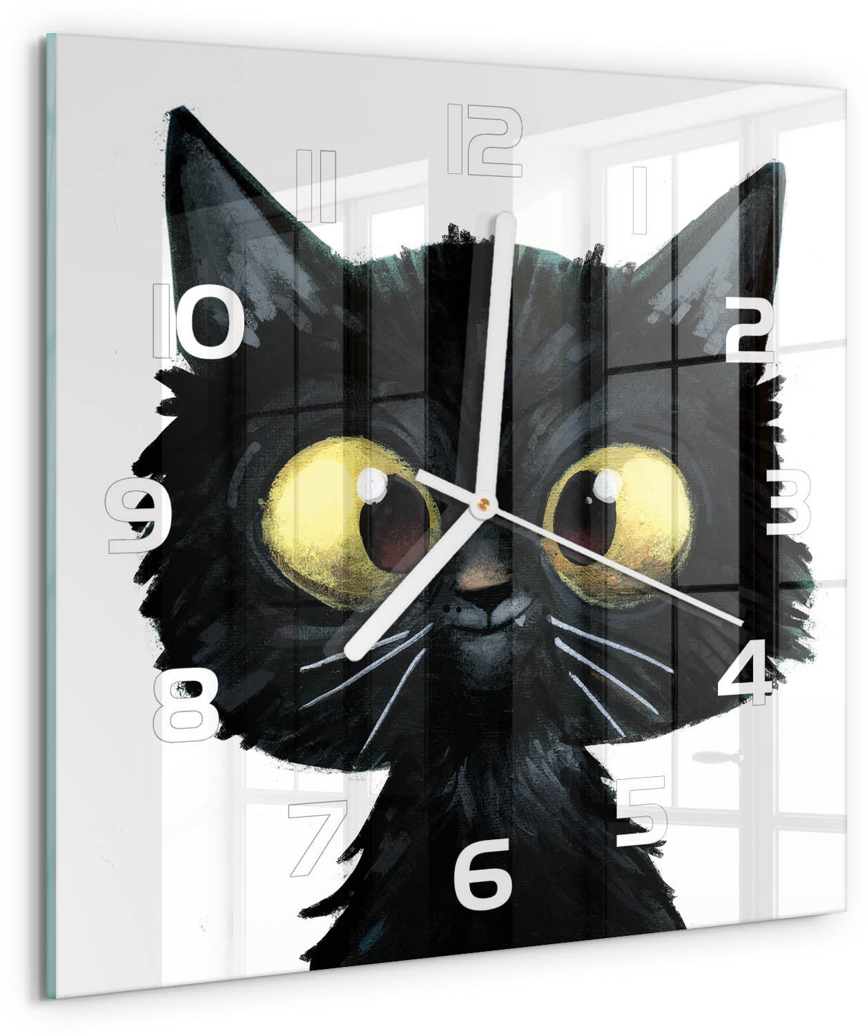 Tulup Wandklok - Kattenillustratie Klok Glas Met Opdruk - 30x30 cm - zwart Moderne Wandklok Glas - Witte handen - Vierkante Klok - Decoratieve Glazen Klok - Glazen Wandklok Design