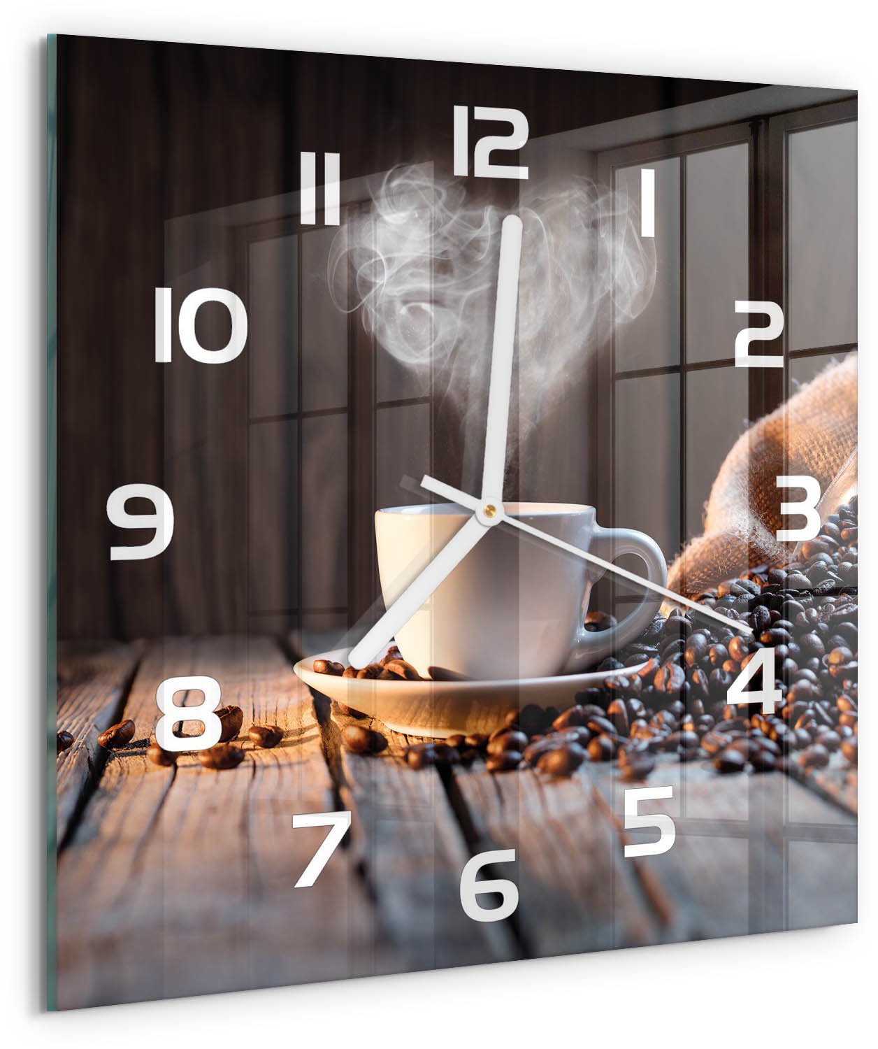 Tulup Wandklok - Kopje koffie Gekleurde Glazen Klok - 30x30 cm - Bruin Glazen Klok Met Print - Witte handen - Vierkante Klok - Moderne Wandklok Glas - Wandklok Glas Decoratie
