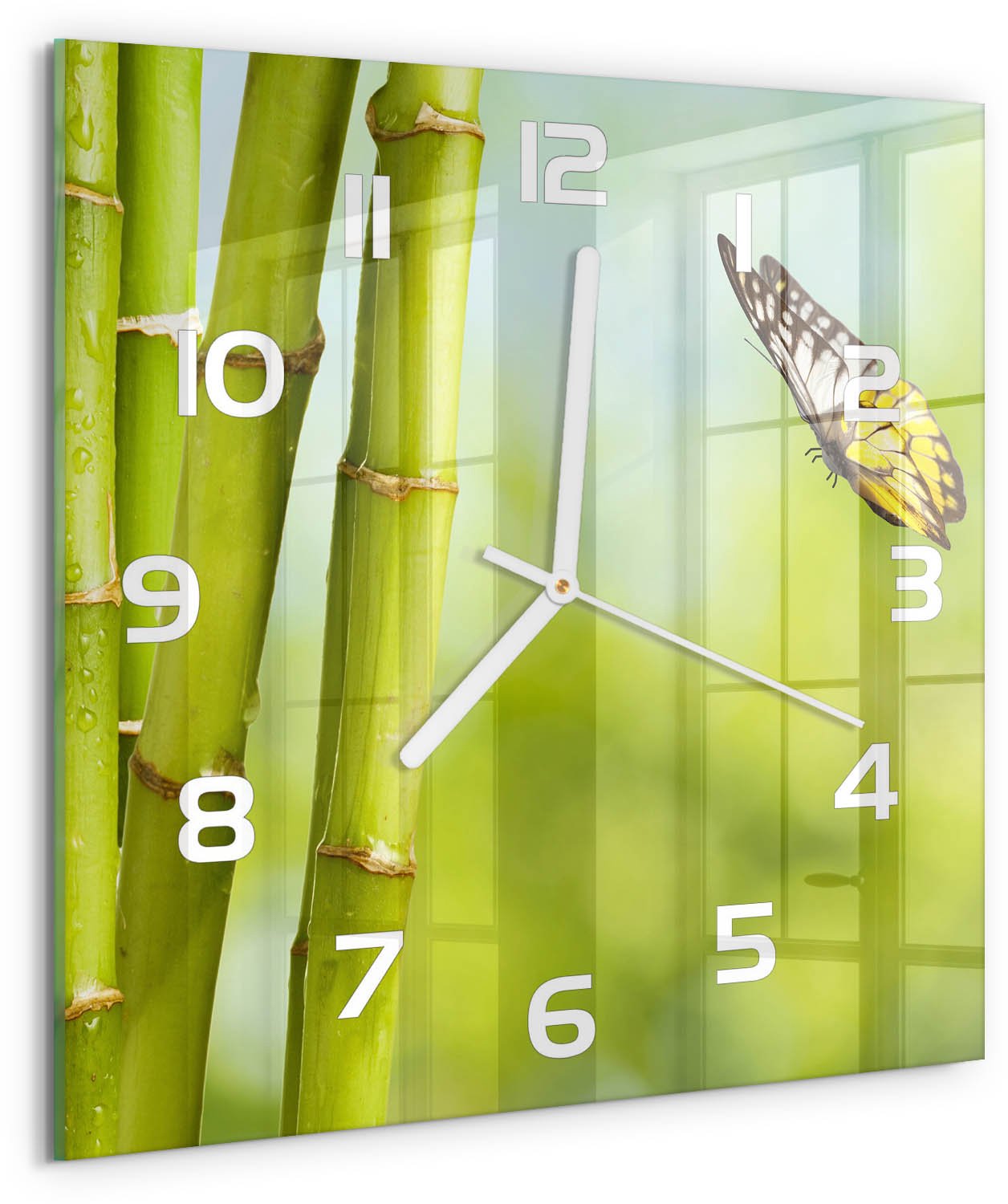 Tulup Wandklok - Bamboe en vlinder Glazen Wandklok Design - 30x30 cm - Groente Klok Glas Met Opdruk - Witte handen - Vierkante Klok - Wandklok Glas Met Motief - Decoratieve Glazen Klok
