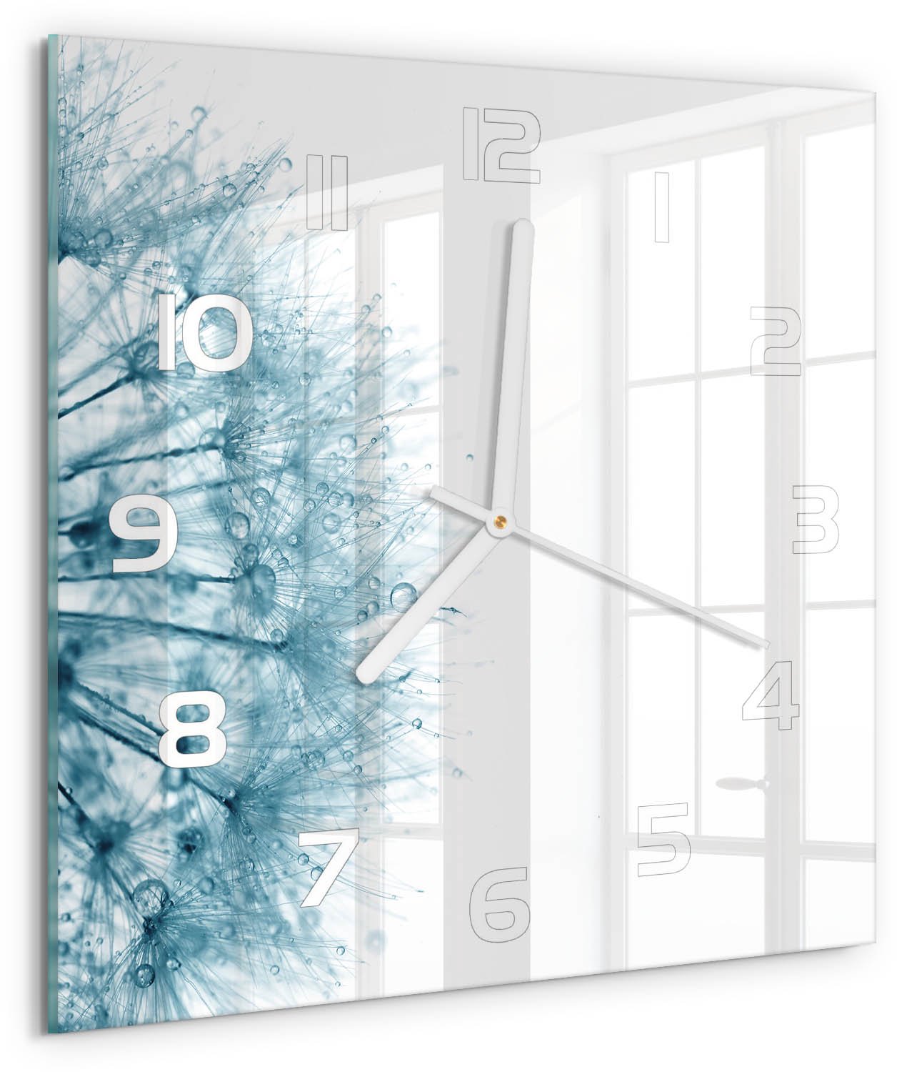Tulup Wandklok - Paardebloem Glazen Klok Met Print - 30x30 cm - Grijs Wandklok Glas Met Motief - Witte handen - Vierkante Klok - Wandklok Glas Decoratie - Gekleurde Glazen Klok